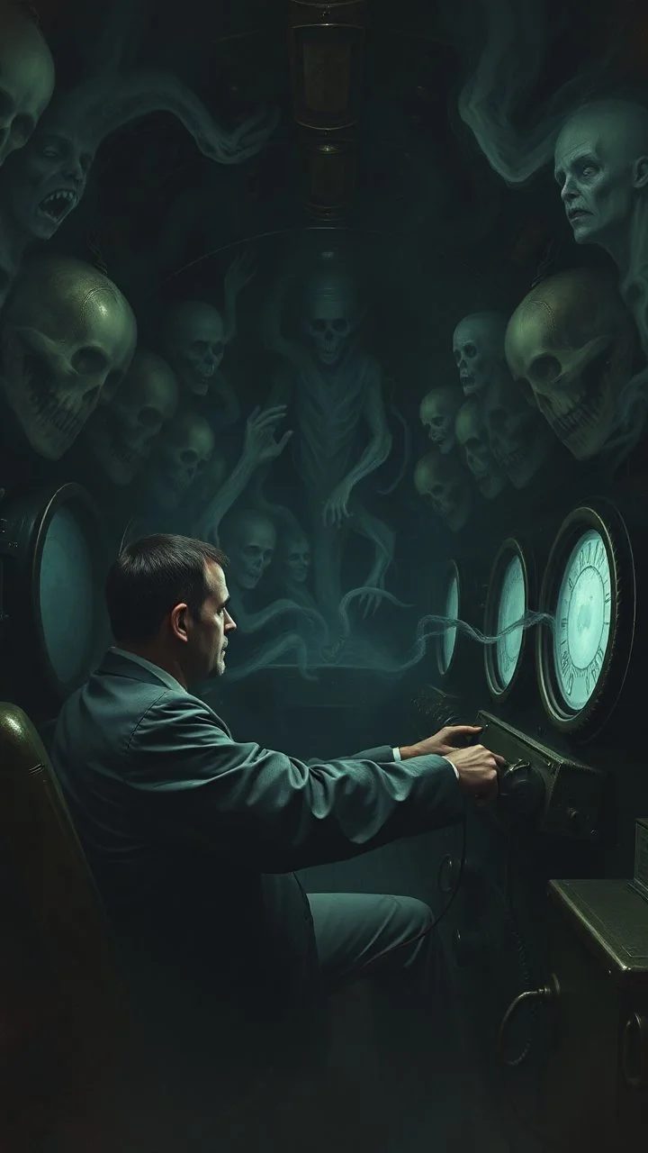 Man controls inside a dark submarine in a delusional state haunted by ghostly images, paint it in the baroque style, as if the man is horrified