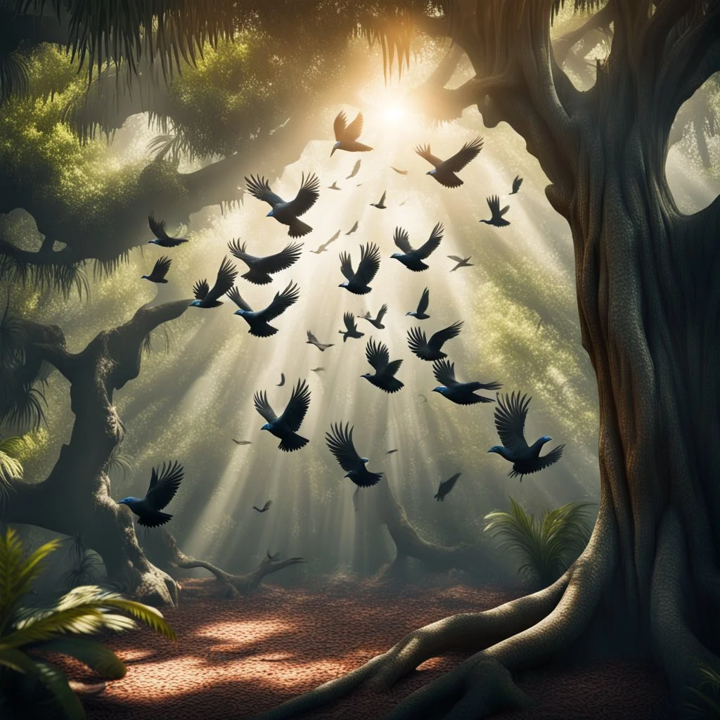 Hyper Realistic photographic-view of Lots-of-Koel-Birds Flying outside a thick old tree inside a jungle with sunlight-rays showing dramatic & cinematic ambiance