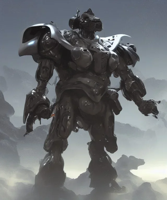 Photorealistic futuristic shiny winged samurai mechwarrior holding large katana on the surface of an alien planet