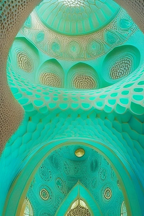 inside a turquoise mosque in a vertical Nautilus shell by artist "Dorian Haqmoun"