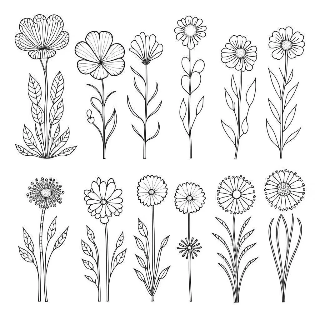 set of grow wind flower bouqute, SIMPLE ONE lineS art, white background, minimalis, different view, only white bakcground solid.