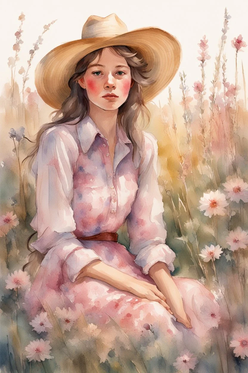 P: a young old-time cowgirl sitting in wildflowers and tall grasses, peaceful vision, wisps of hair around her face, straw hat, pink floral dress, muted colors, soft watercolor