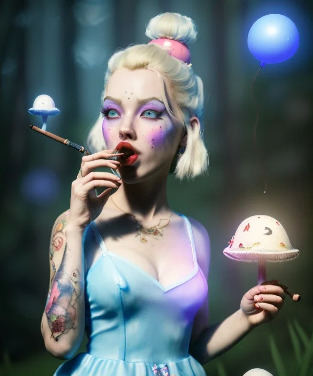 Ultra realistic wonderland photo, happy blonde Alice smoking a pipe, blue dress, white rabbit pet, circus dress style, old school tattoo, smoke, marijuana garden, glow eyes, perfect iris, little mushroom balloons, soft color, highly detailed, unreal engine 5, ray tracing, RTX, lumen lighting, ultra detail, volumetric lighting, high definition.