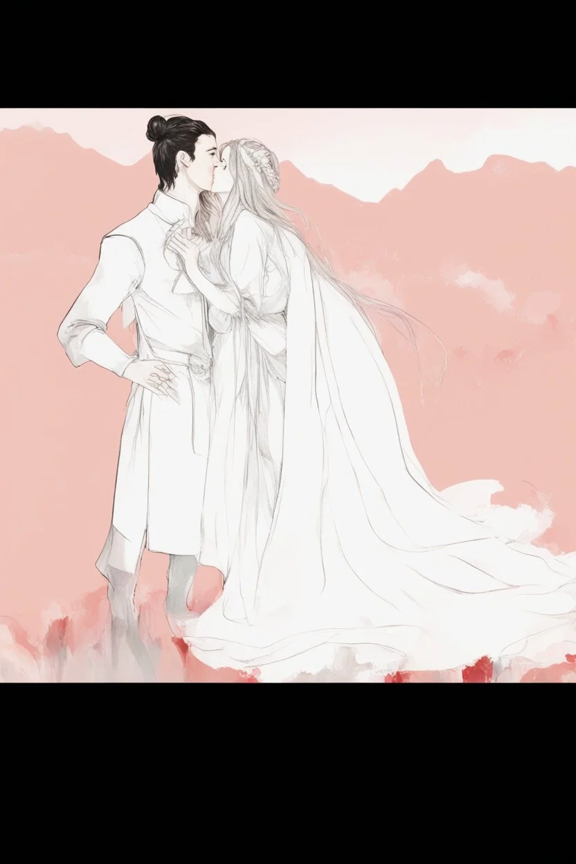 Couple from dnd kissing, woman with white hair wearing a dress, man with long black hair tunic and red cloak.