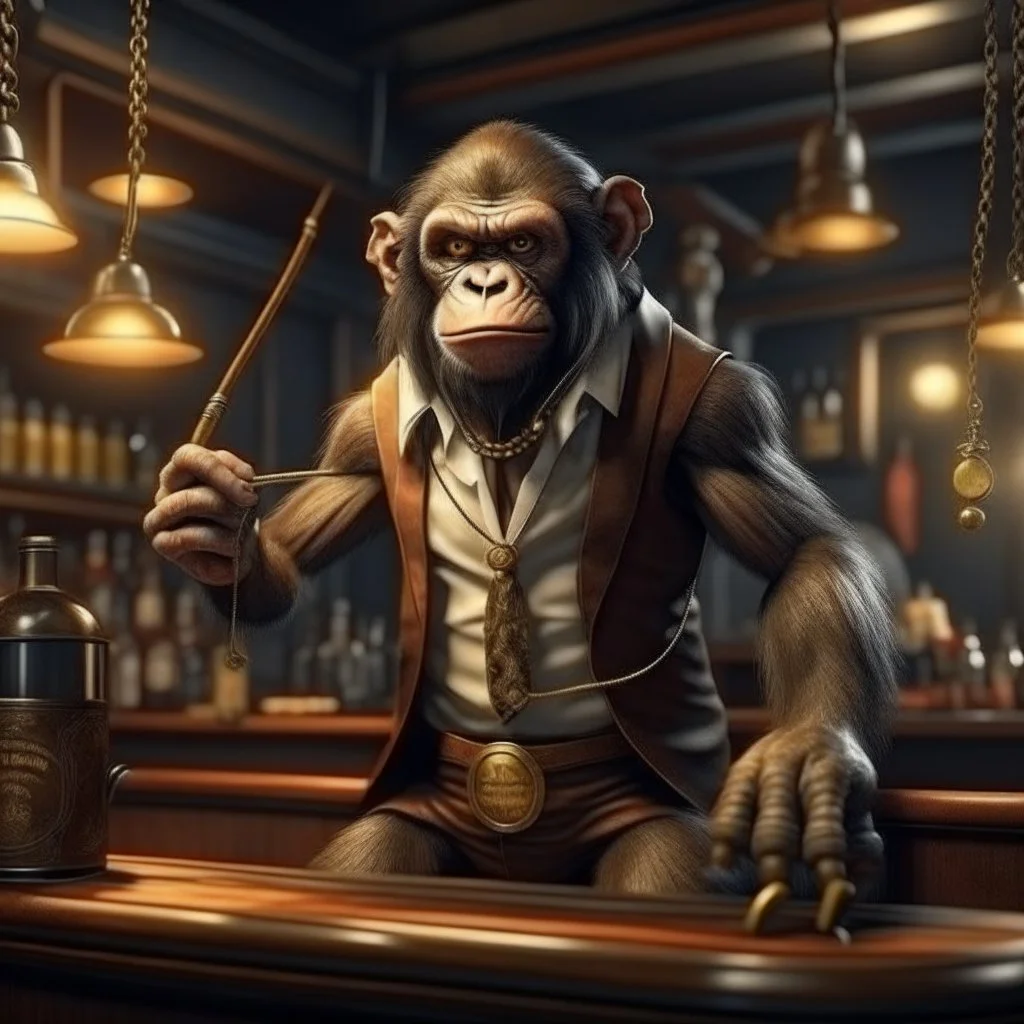 photorealistic dwarf a guy with a whip making music monkey wearing a tie in a bar