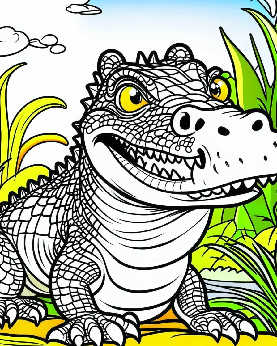 create a 2d black outline, "safari smiling cartoon crocodile coloring book for toddlers", coloring page, low details design, black contour, coloring page design, simple background, colorful , card style, coloring page for kids, white background, sketch style, safari landscape, cartoon style