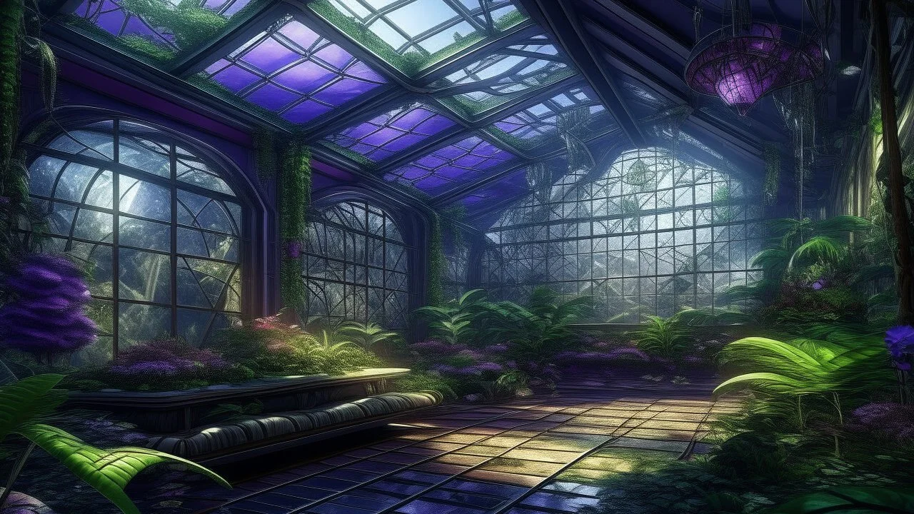 Nestled in the heart of a greenhouse, a room thrives around popcorn plants, adorned with superstructure plates, glass, big pipes, fungus trees, and hues of purple and black. The vibrant greenery and metallic elements meld seamlessly in this breathtaking scene, hinting at a futuristic botanical paradise. Through the use of intricate details and rich colors, this mesmerizing image, whether a painting or a photograph, captures the essence of harmonious coexistence between nature and technology in s