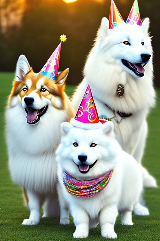 Cute, fluffy, happy looking white Samoyed dog with a small Corgi dog sitting next to it, colorful, summer time, birthday, festive atmosphere, detailed, congratulating