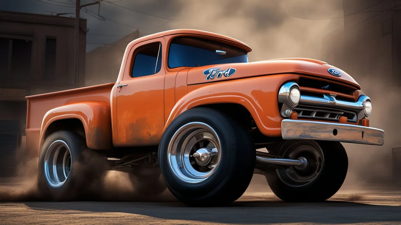 ford 56 truck, orange and blue painted, dirty, on dusty street, tooned style, big engine, big wheels, racing mode, darknight background. 3/4 view, high resolution picture.