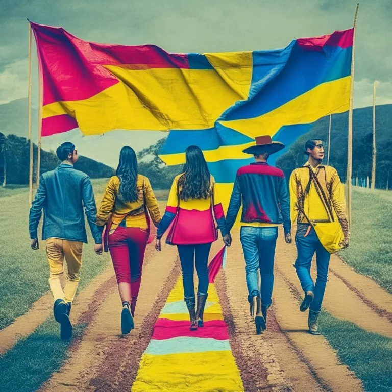 Personas hombres mujeres caminando de frente con banderas de Colombia art retro