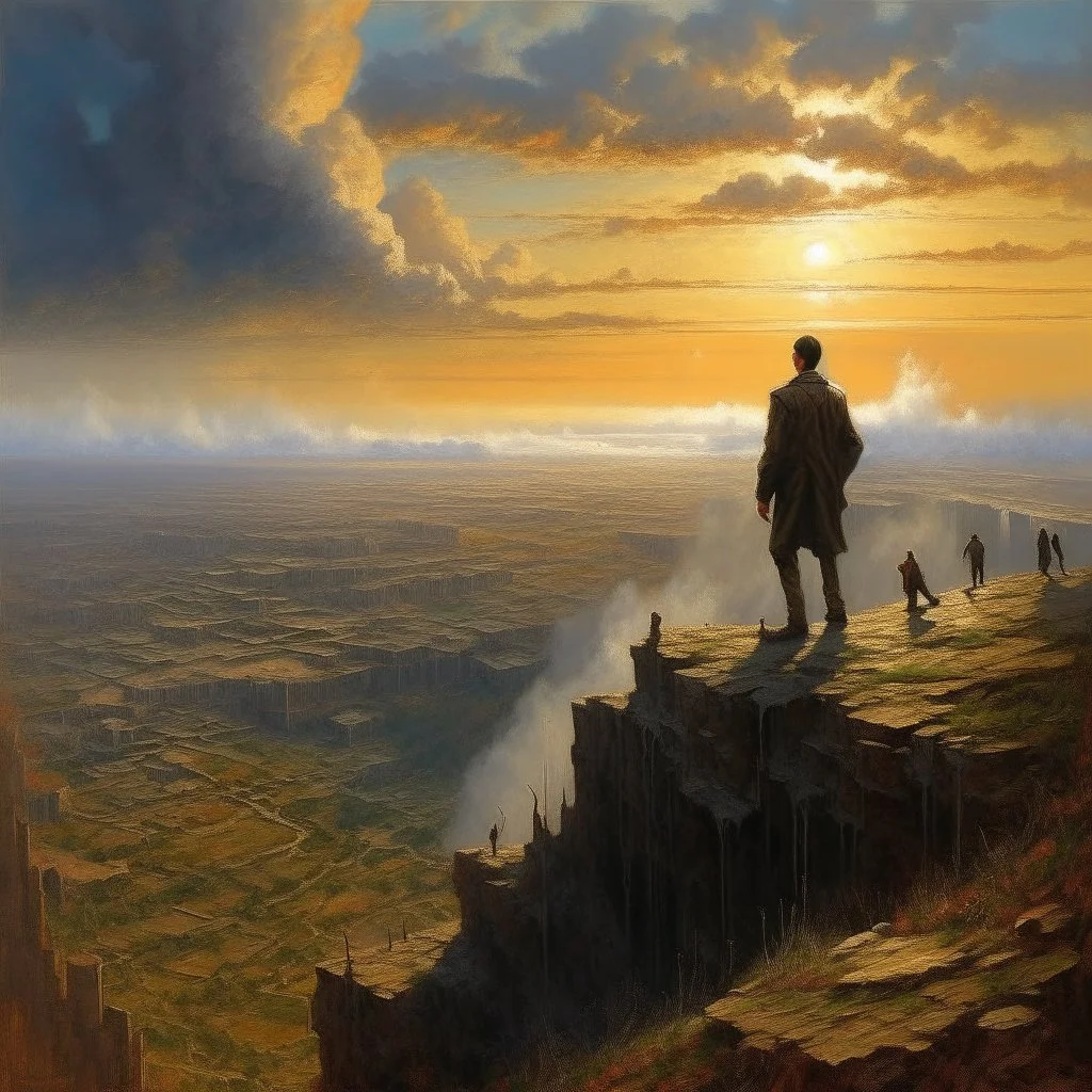 oil painting, an old track on a tall cliff, a man standing on the cliff and looking at the flooded city below him