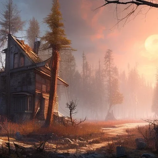 Postapocalyptic scenery, town, forest, houses, overgrown, 16k