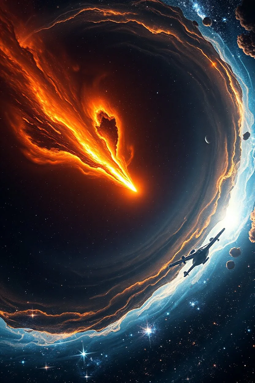 A picture of a Wormhole apocalypse wipes out Universe. Worm-hole collision explodes in outer space in the middle show comet , Epic galaxy with growing black hole. Cinematic interstellar,