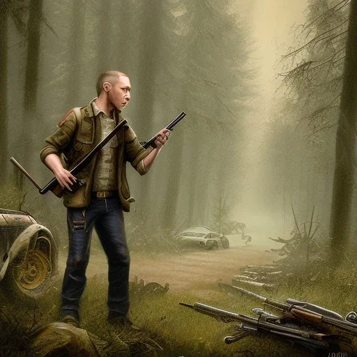 georges st pierre with a red plaid shirt a backpack and a rifle in a creepy forrest with zombies