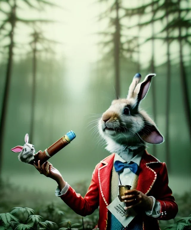 Ultra realistic photography, happy drugged Alice woman with rabbit smoking a pipe in Wonderland, wide angle view, Wes Anderson style, forest, wild marihuana plants, rain, color fog, color smoke. Party people background, soft color, highly detailed, unreal engine 5, ray tracing, RTX, lumen lighting, ultra detail, volumetric lighting, 3d, finely drawn, high definition.