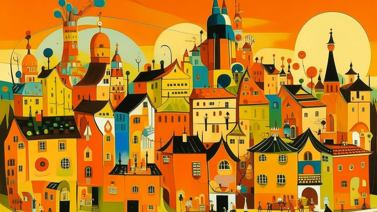 An orange colored western town with mechanical buildings painted by Wassily Kandinsky