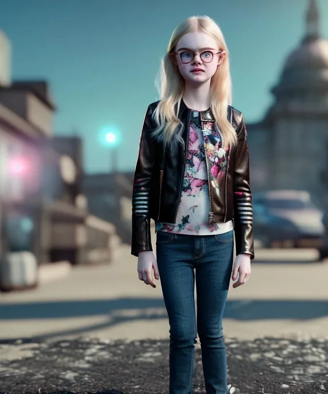 Elle fanning toddler, full body, city background, leather jacket, floral shirt