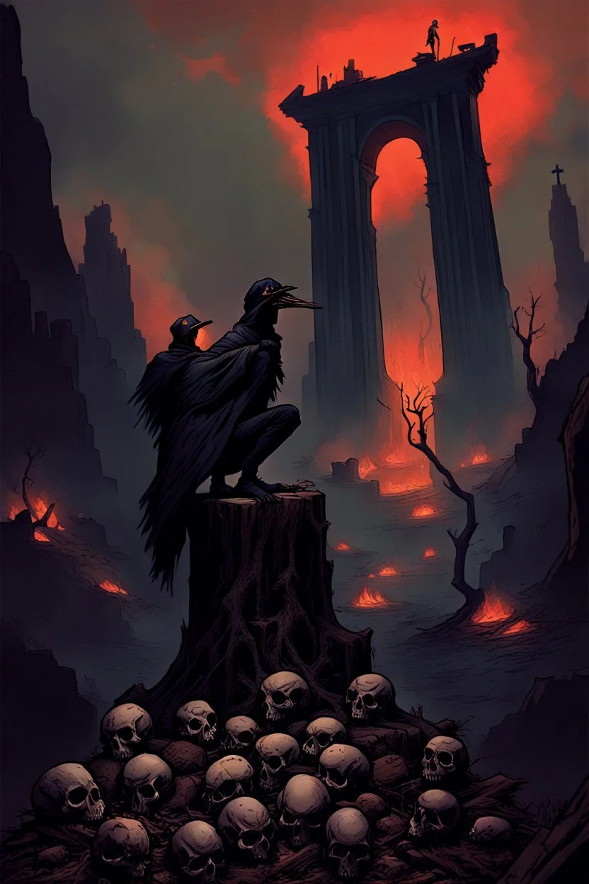 a weird bird-man creature in dark hooded and hat sitting on top of a tree stump, pile of skulls under his feet, under in valley a ruins city with fires and ash and bones, dark deep colors, style by Vincent Lefevre, El Kazovszkij, and Lovecraft , black raven sitting on his shoulder, dark dream of the end the world, in the background floating a tall dark magic gate into after-life, surreal weird art, cinematic