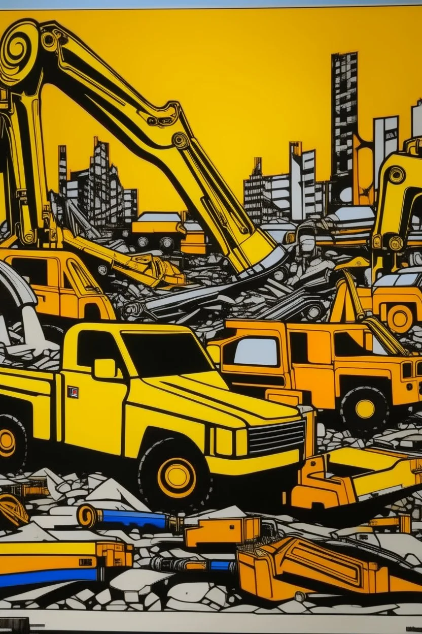 A light orange colored junkyard with construction vehicles painted by Roy Lichtenstein