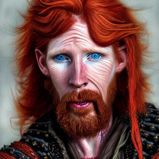 Portrait of Courtney Gains as a ruggedly handsome but joyful roguish pirate, charismatic, attractive male, masculine, perfect, precisely detailed, lightly freckled face, meticulously detailed multi-hued ginger carrot colored cherry fire red hair; Malachai of the corn; fantasy, intricate, elegant, highly detailed, digital painting, artstation, concept art, matte, sharp focus, illustration, art by artgerm and greg rutkowski and alphonse mucha