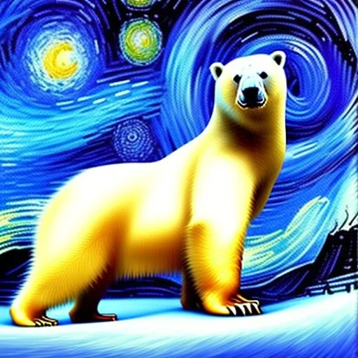 Dibujo al oleo de un oso polar con nubes de colores estilo Vincent van Gogh