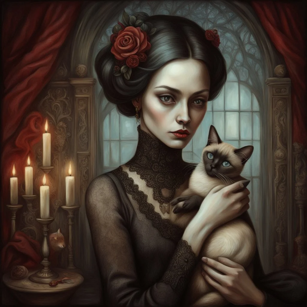 woman with Siamese cat in Gothic, Realism, Romantism, GothicNeo, Surrealism.