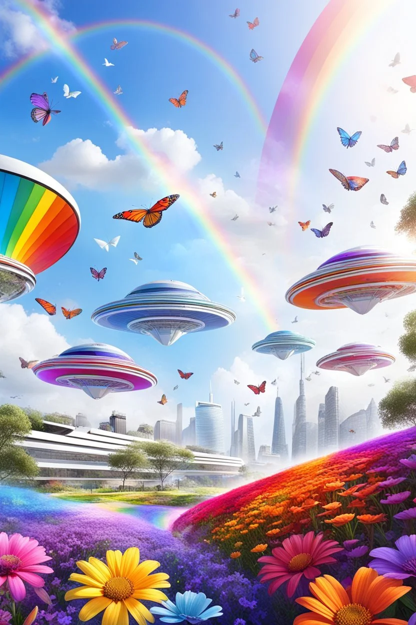 colors, very beautiful, flowers garden,rainbow, cité très futuriste ultra moderne, ufos rainbow, ufos fleet, intergalactic, birds, butterfly