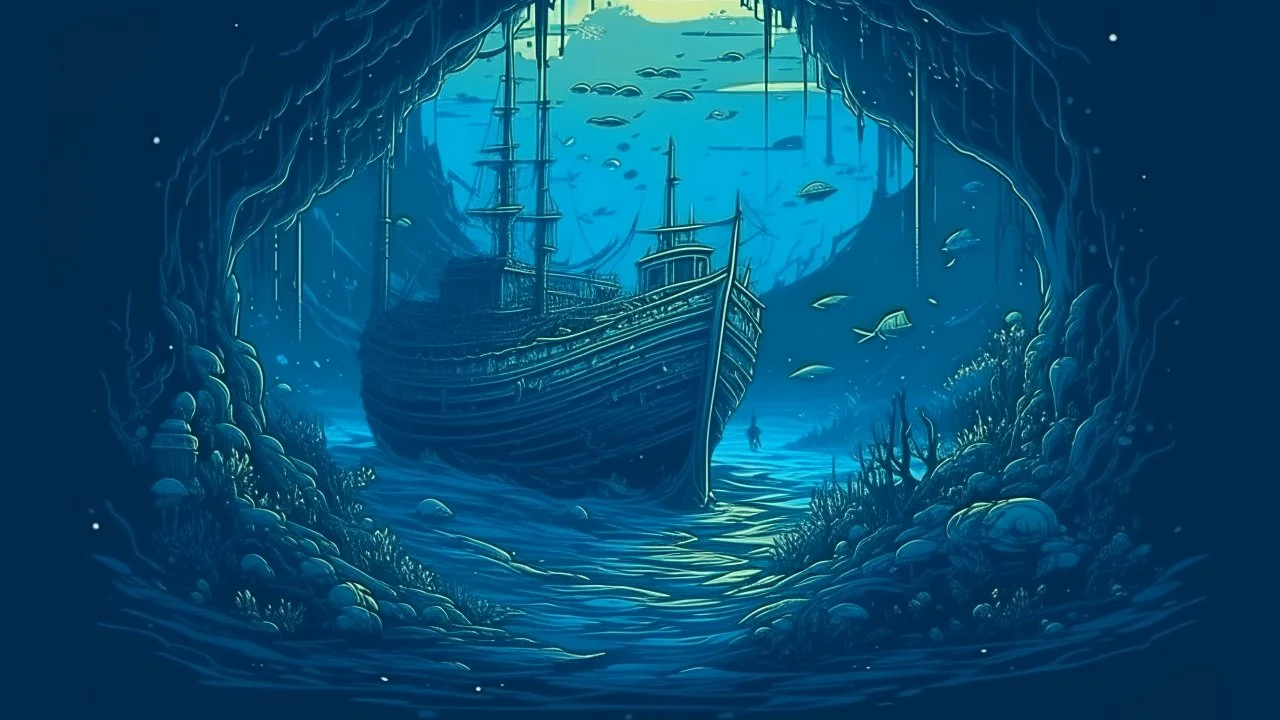 A dark blue underwater abyss with a shipwreck in Surrealism art style
