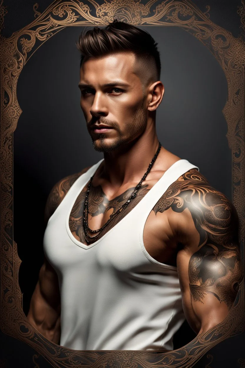 portrait of a 35 year old Handsome muscular male with light bronze skin adorned with tattoos. short hair. neatly trimmed beard. Dark fantasy. photorealistic