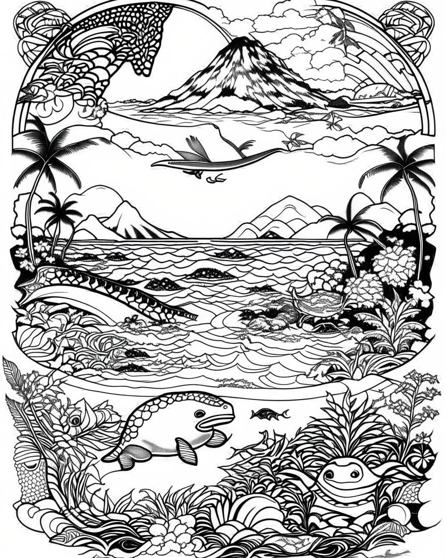 coloring pages for kids, Pacific island shaped Japanese ink painting, muted colors, including Dark black highlights to draw attention , rice paper texture, splashed paint, tropical beach, paradise, sea turtles, yellow sun, a Polynesian warrior , Art drawing ; ink , super detailed, text a the bottom “Tonga”, anime cartoon style, thick lines, low detail, black and white, no shading, --ar 85:110