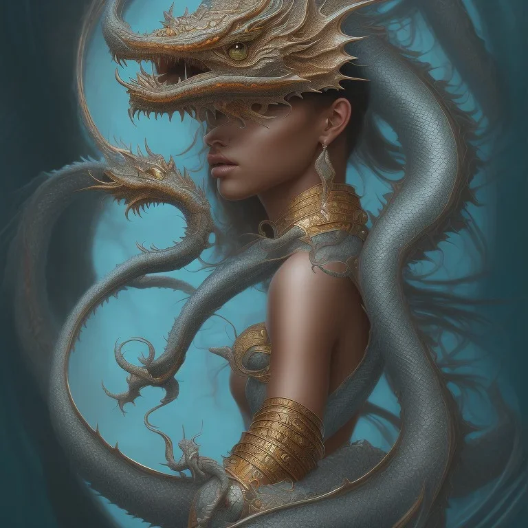 sango fantasy, fantasy magic, intricate, sharp focus, illustration, highly detailed, digital painting, concept art, matte, artgerm and paul lewin and kehinde wiley, masterpiece silver dragon head copper Asain African nice breast Afo woman turquoise waves