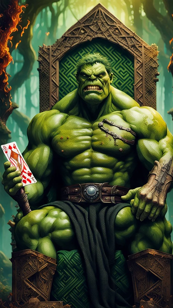 Framed playing card illustration, close-up of Mubarak Saeed Tahir melted old magic flaky slimy alien hulk Avengers Mad Max poses for a photo on the throne, holding a burning scepter, in a massive hulk with stairs and bridges woven into a sacred temple geometric woven fabric in the middle of a lush magical forest, Bokeh like f/0.8, 8K tilt lens, high detail, smooth rendering, downlight, Unreal Engine, award-winning