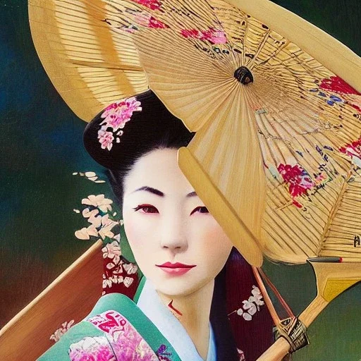 portrait of stunning, gorgeous Japanese woman in traditional kimono with flowers and jewels in hair, bamboo umbrella, mist, 8k, high-quality, ultrafine-detail, intricate, oil painting, brian froud, howard lyon, anna dittmann, Greg Rutowski, alphonse mucha