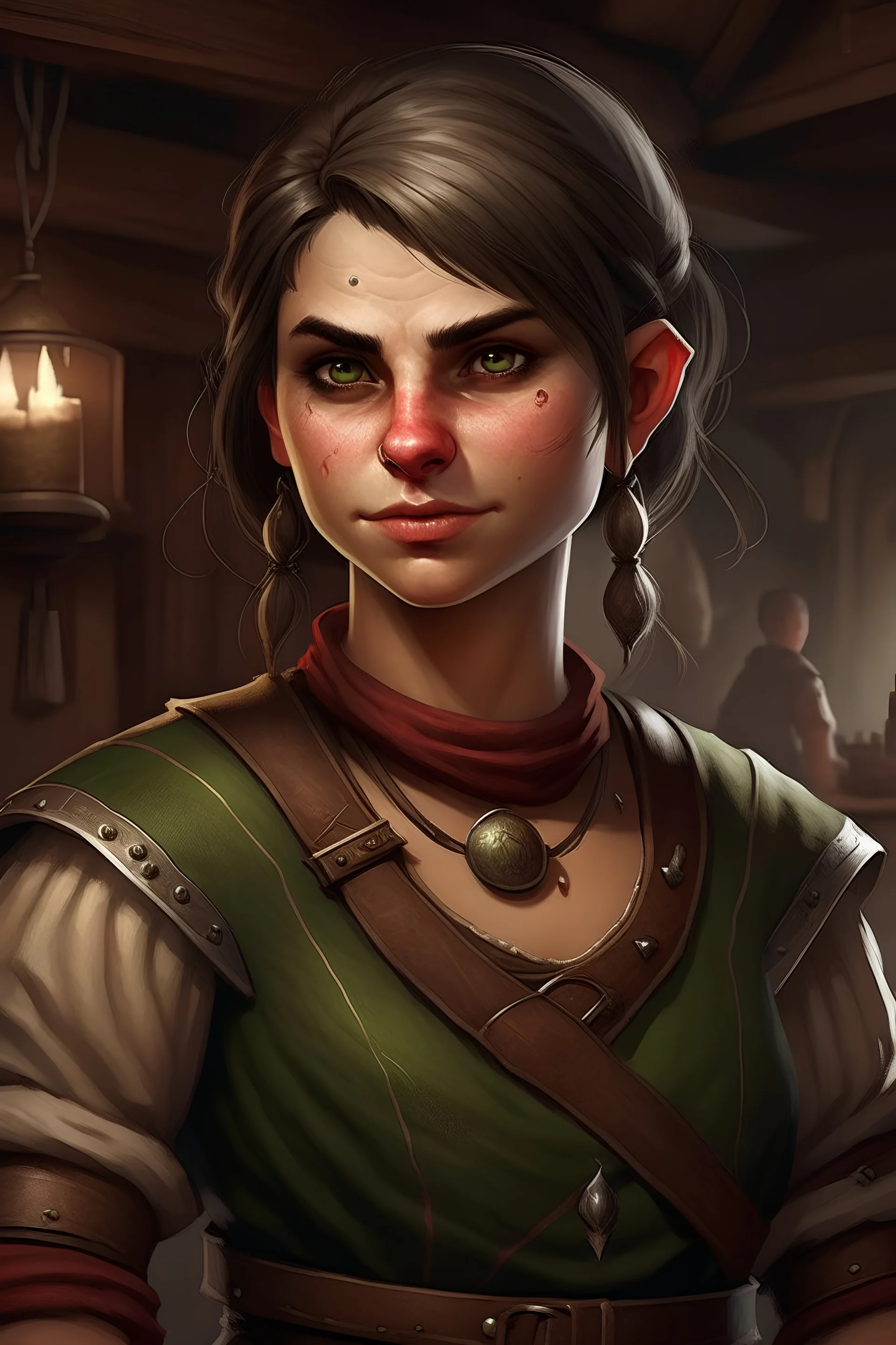 Dungeons and dragons orc young woman. She has orc skin. She is kind. She is handsome. She has nice eyes. She has short hair. She is strong. She is in a tavern. She has broad shoulders. She has a large jaw. She wears casual peasant clothes. Realistic style