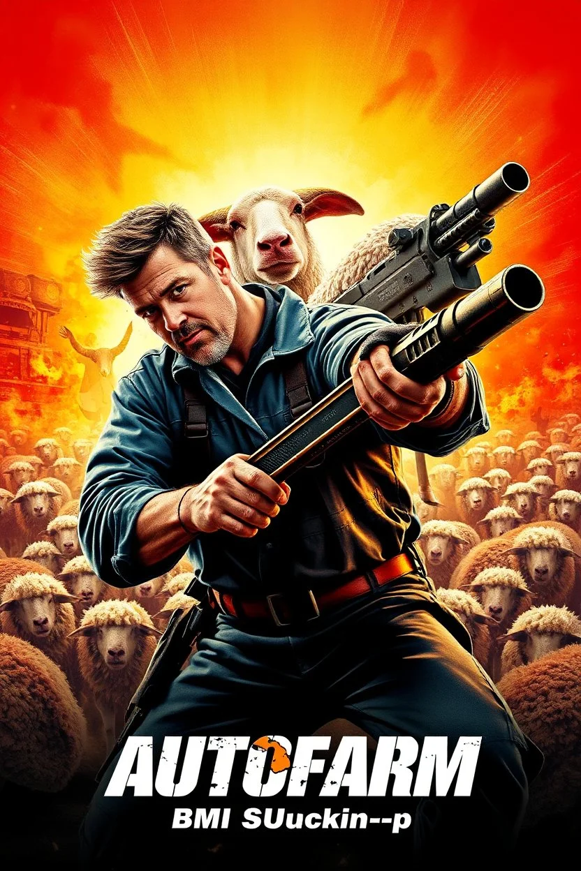 "Design a 90s-style action movie poster titled 'AUTOfarm.' Feature a heroic mechanic in the foreground, fiercely battling thousands of adversaries with a spanner. In the background, include a determined sheep wielding a machine gun. Capture the high-energy, gritty aesthetic of classic 90s action films, with intense and dynamic elements. Prominently display the subtitle ' BMI Suckin-p-p' in bold, impactful lettering."