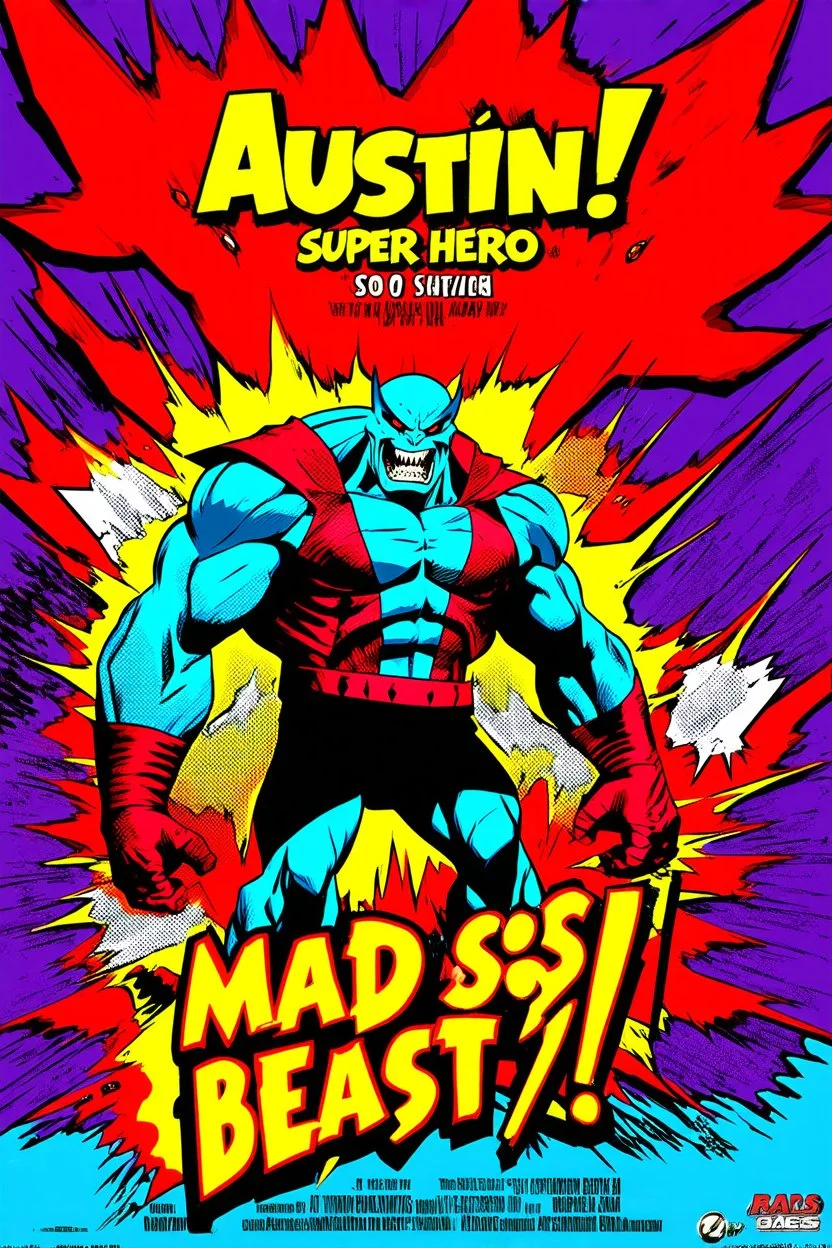 comic scary super hero mad crazy wild super head big title with movie poster title: Austin super beast, 90s style, angry fast, extreme, wild, so so so so angry, tough sexy red and purple background with 90s comic style slashes