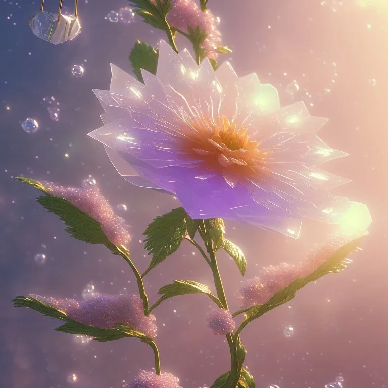 one big crystal subtle flower in a galactic ambiance with a beautiful fairy, transparent petals, delicate colors, in the foreground, full of details, smooth，soft light atmosphere, light effect，vaporwave colorful, concept art, smooth, extremely sharp detail, finely tuned detail, ultra high definition, 8 k, unreal engine 5, ultra sharp focus