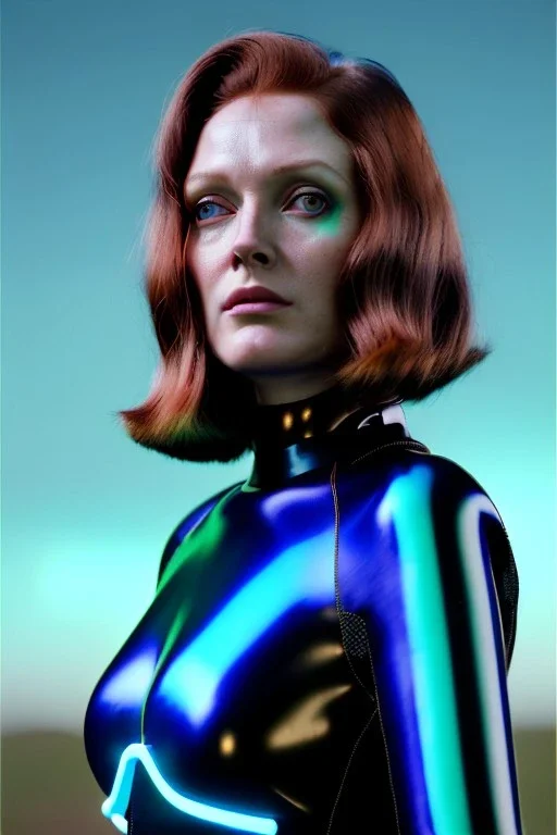 Ultra Realistic retro sci-fi scene, portrait, brunette woman, sweet Juliane Moore face, perfect iris, glow eyes, makeup. Alien Saturn background, Retro sci-fi style, helmet, tight latex coat, fog, rain, soft color, highly detailed, unreal engine 5, ray tracing, RTX, lumen lighting, ultra detail, volumetric lighting, 3d, finely drawn, high definition, high resolution.