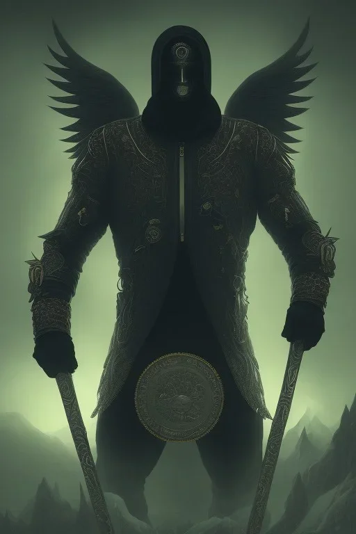 running berserker portrait , no face, black jogging suite , in the night Alps , holding coins , angels background, volumetric gold light, high detail, dark leaf tree, dark mountains in background, perfect, HR Giger style