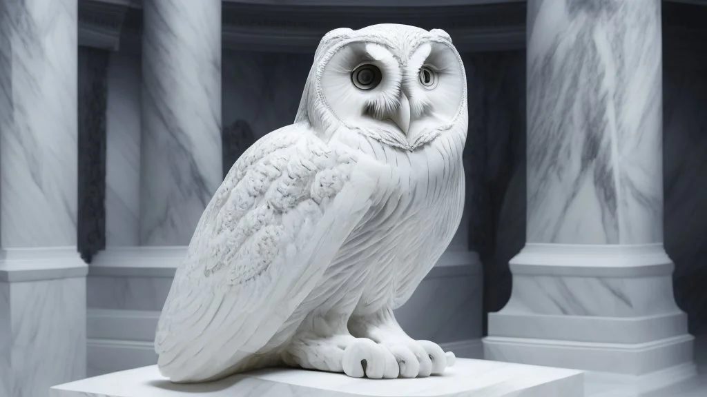 hyper realistic render of a gian owl carved out of white marble, sculpture is displayed inside of a big art exhibit