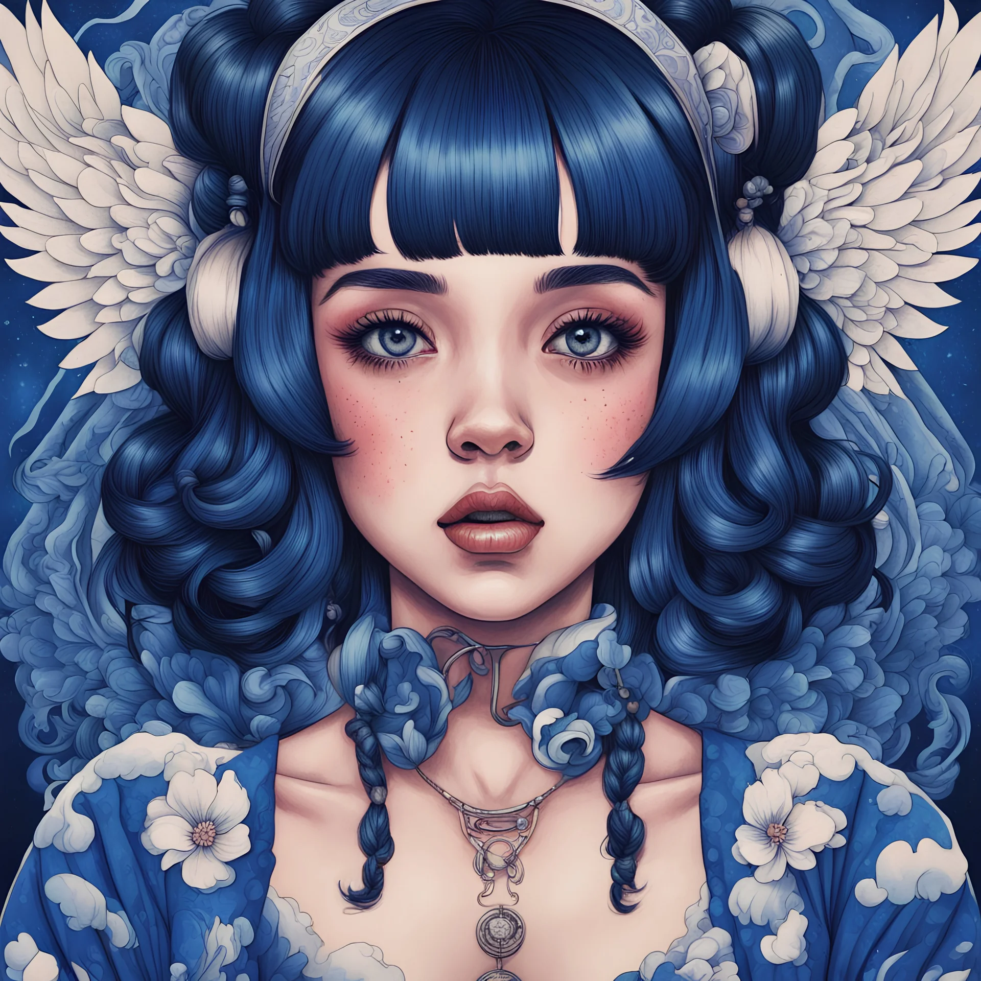 A beautiful portrait painting of a Singer Melanie Martinez face by Katsushika Hokusai, beautiful cyberpunk huge girl, symmetry, hyperdetailed, illustration darkblue tones,