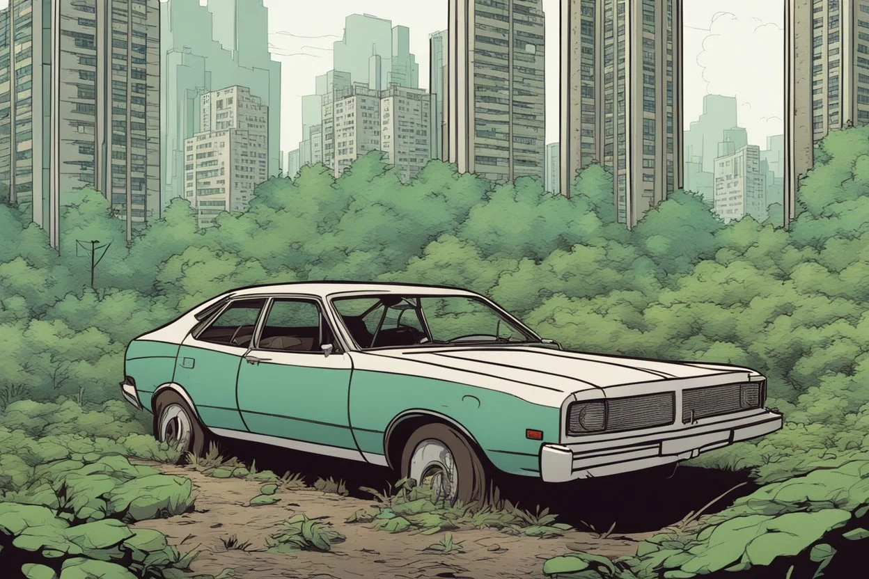building, car, forest, overgrown apocalyptic city background, comic book,