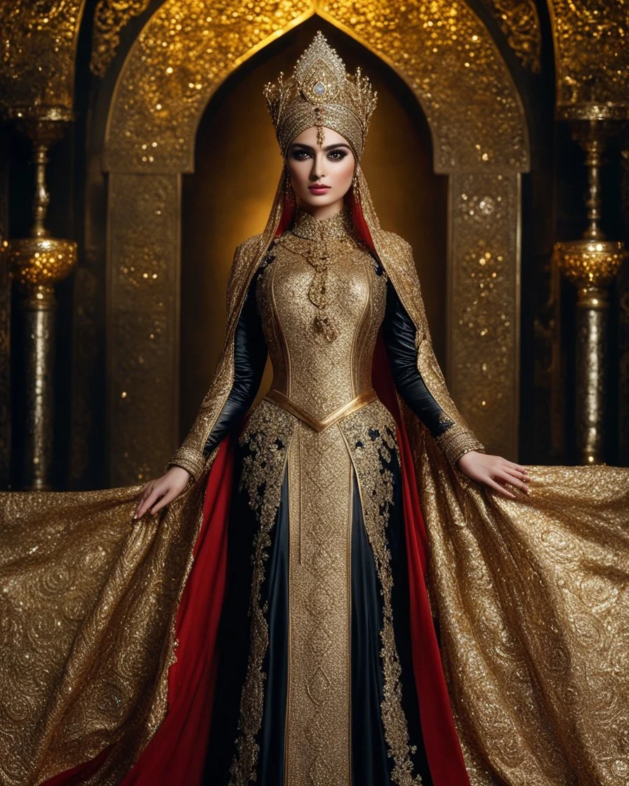 Realistic photography,front view, Beautiful Queen Islamic Iranian fairy super model Iranian Hijab Woman,dressing luxury party gown,looking at viewer,traditional dress ornaments Luxury gown Byzantine traditional, intricate armor, delicate golden shine bright, black metalic parts, detailed part, jewelry diamonds,dynamic pose,abstrac background, dynamic lighting, red hour, full body portrait