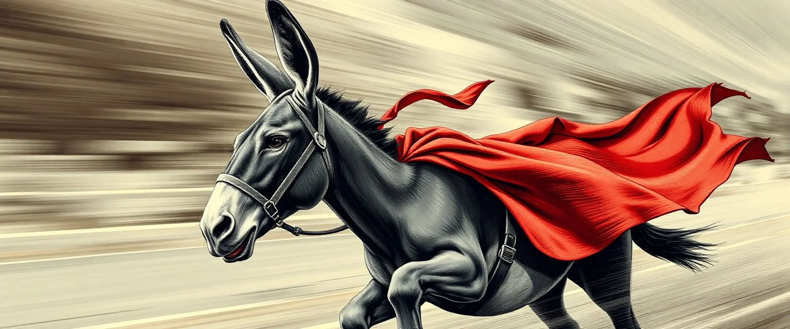 Political propaganda poster for Mexican farmer Hitler on fast superhero donkey, airbrush and pen outline, motion blurred background
