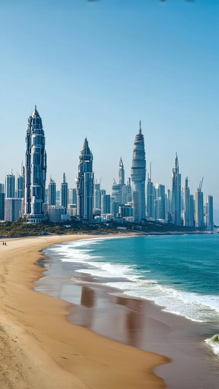 A long, sweeping Sandy Bay With sci-fi skyscrapers Along The Shoreline