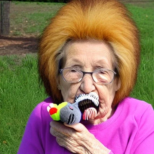 Old photo grandma with lion and zip mouth toy