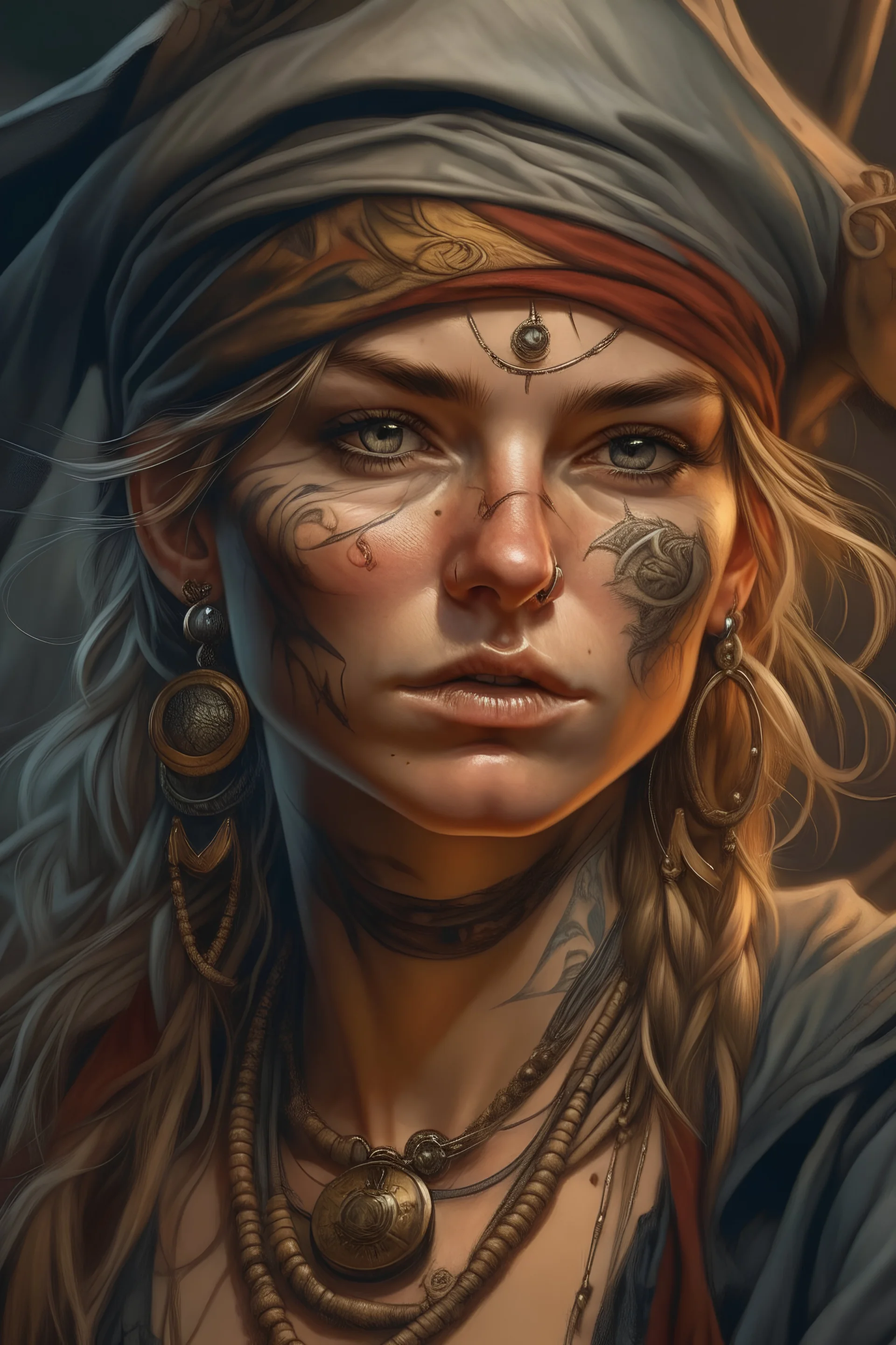 Closeup portrait of a pirate, wild and crazy, bandana, eye patch, golden hoop earrings, tattered and ripped clothes, detailed tattoos, rough and rugged, art by alphonse mucha, kai carpenter, ignacio fernandez rios, charlie bowater, noir photorealism, ultra real.