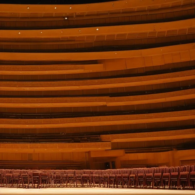 a single chair on stage under spotlight at a dark and empty symphony hall