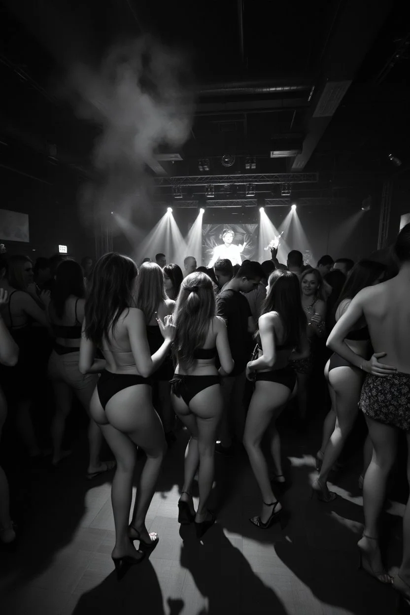 dans golv på en techno club, många personer som dansar, yppiga lättklädda kvinnor, scen rök och ljus strobes, svartvit bild