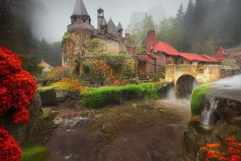 medieval village, ornate, beautiful, atmosphere, vibe, mist, smoke, chimney, rain, well, wet, pristine, puddles, red and yellow flowers, waterfall, melting, dripping, snow, creek, lush, ice, bridge, cart, orange, green, stained glass, forest, flowers, concept art illustration, color page, oil painting, trending on artstation